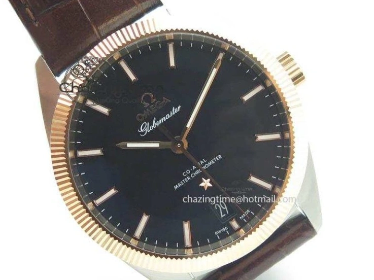 0214 Sporty Globemaster Master Chronometer SS RG V6F Best Edition Black Dial On Brown Leather Strap A 8270